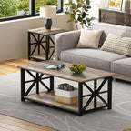 Farmhouse Coffee Table, Rustic Wood Grain, X-Frame Storage Shelf, Rounded Corners