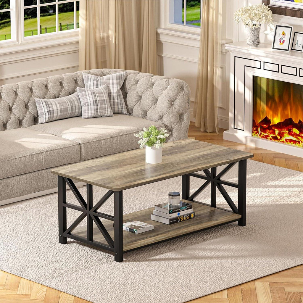 Farmhouse Coffee Table, Rustic Wood Grain, X-Frame Storage Shelf, Rounded Corners