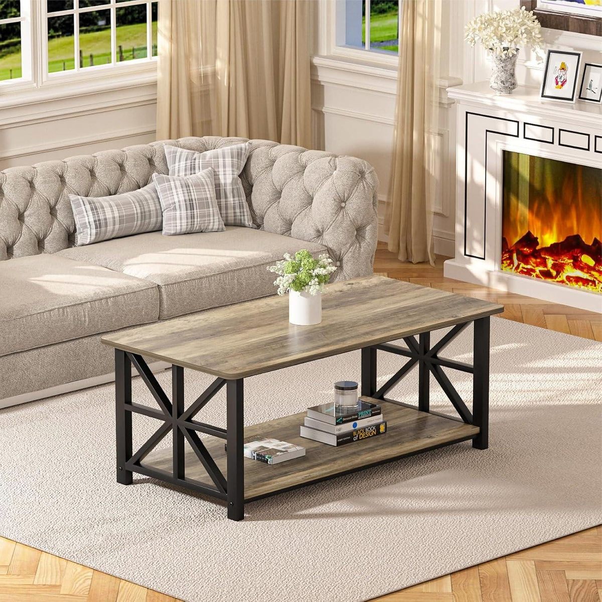 Farmhouse Coffee Table, Rustic Wood Grain, X-Frame Storage Shelf, Rounded Corners