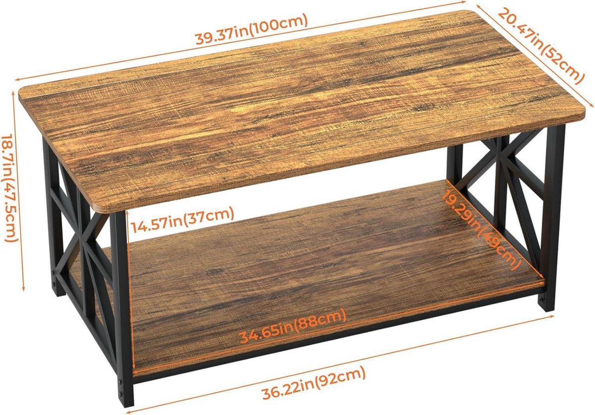 Farmhouse Coffee Table, Rustic Wood Grain, X-Frame Storage Shelf, Rounded Corners