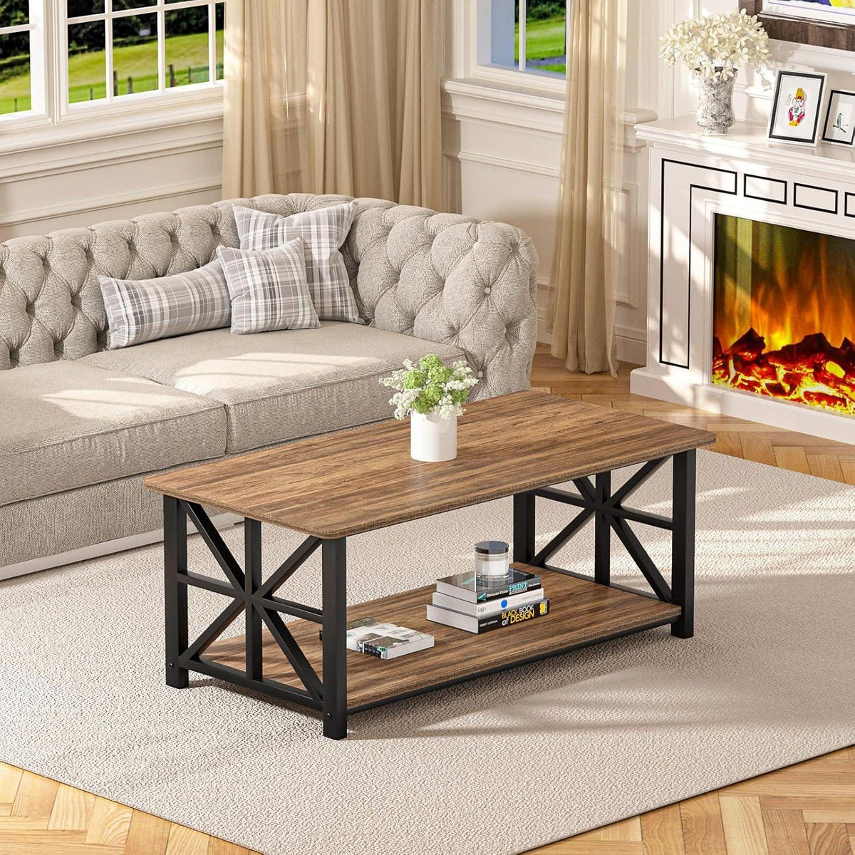 Farmhouse Coffee Table, Rustic Wood Grain, X-Frame Storage Shelf, Rounded Corners