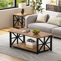 Farmhouse Coffee Table, Rustic Wood Grain, X-Frame Storage Shelf, Rounded Corners