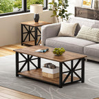 Farmhouse Coffee Table, Rustic Wood Grain, X-Frame Storage Shelf, Rounded Corners