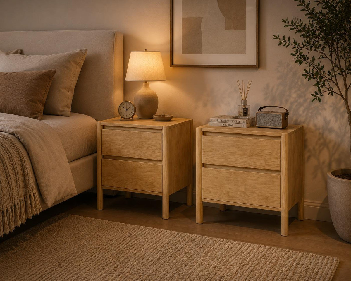 Mid Century Walnut Nightstand Set – Solid Wood 2-Drawer Bedside Table