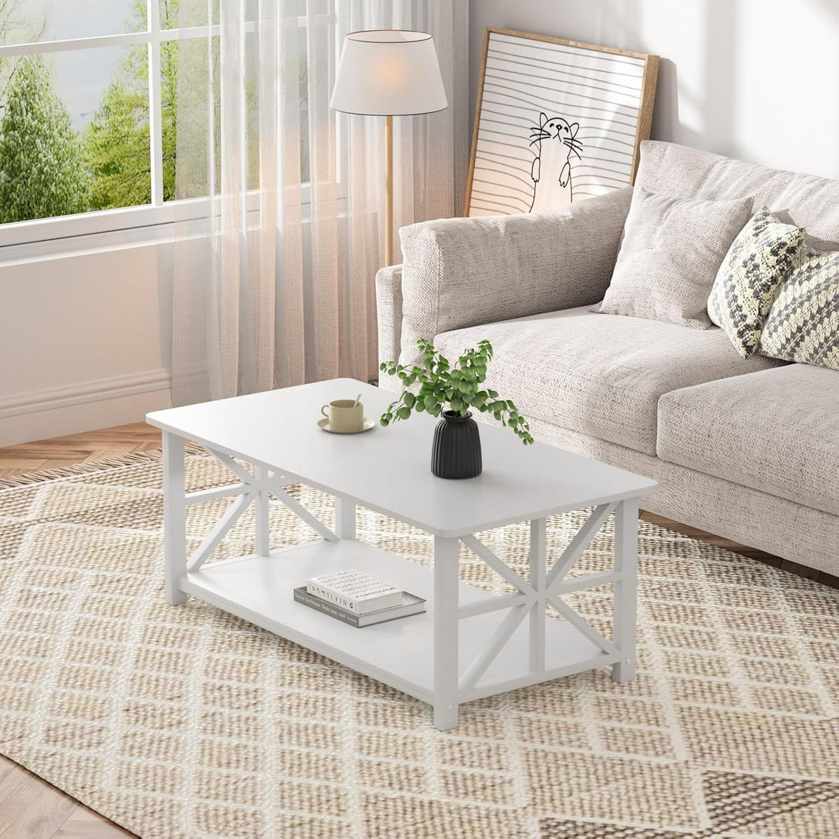 Modern Industrial Coffee Table, Black Metal Frame, X-Frame Shelf, Rounded Corners