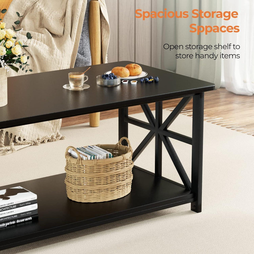 Modern Industrial Coffee Table, Black Metal Frame, X-Frame Shelf, Rounded Corners