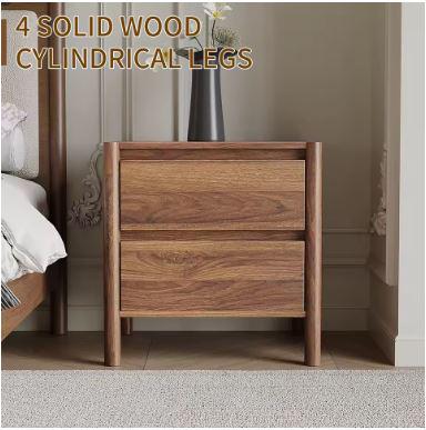 Mid Century Walnut Nightstand Set – Solid Wood 2-Drawer Bedside Table