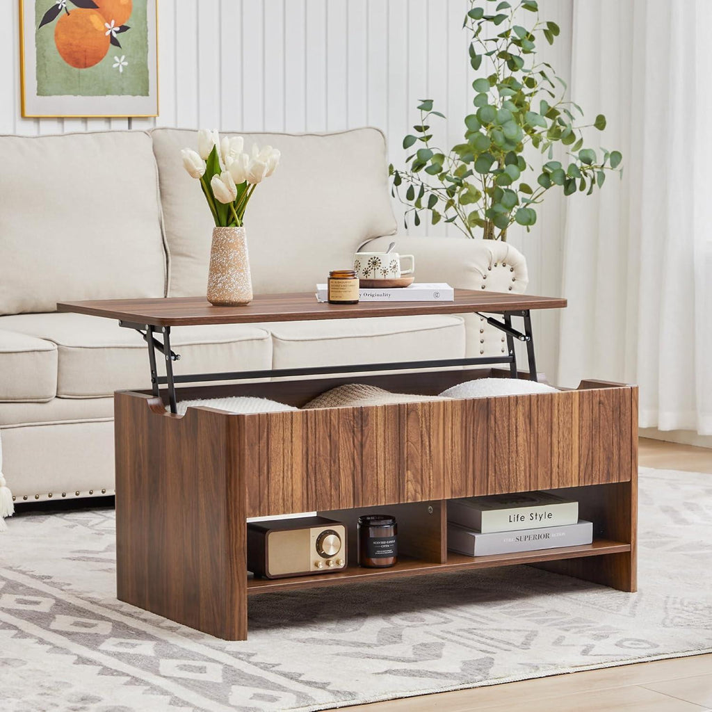 Mid-Century Fluted Lift-Top Coffee Table with Hidden Storage, Small Space Furniture