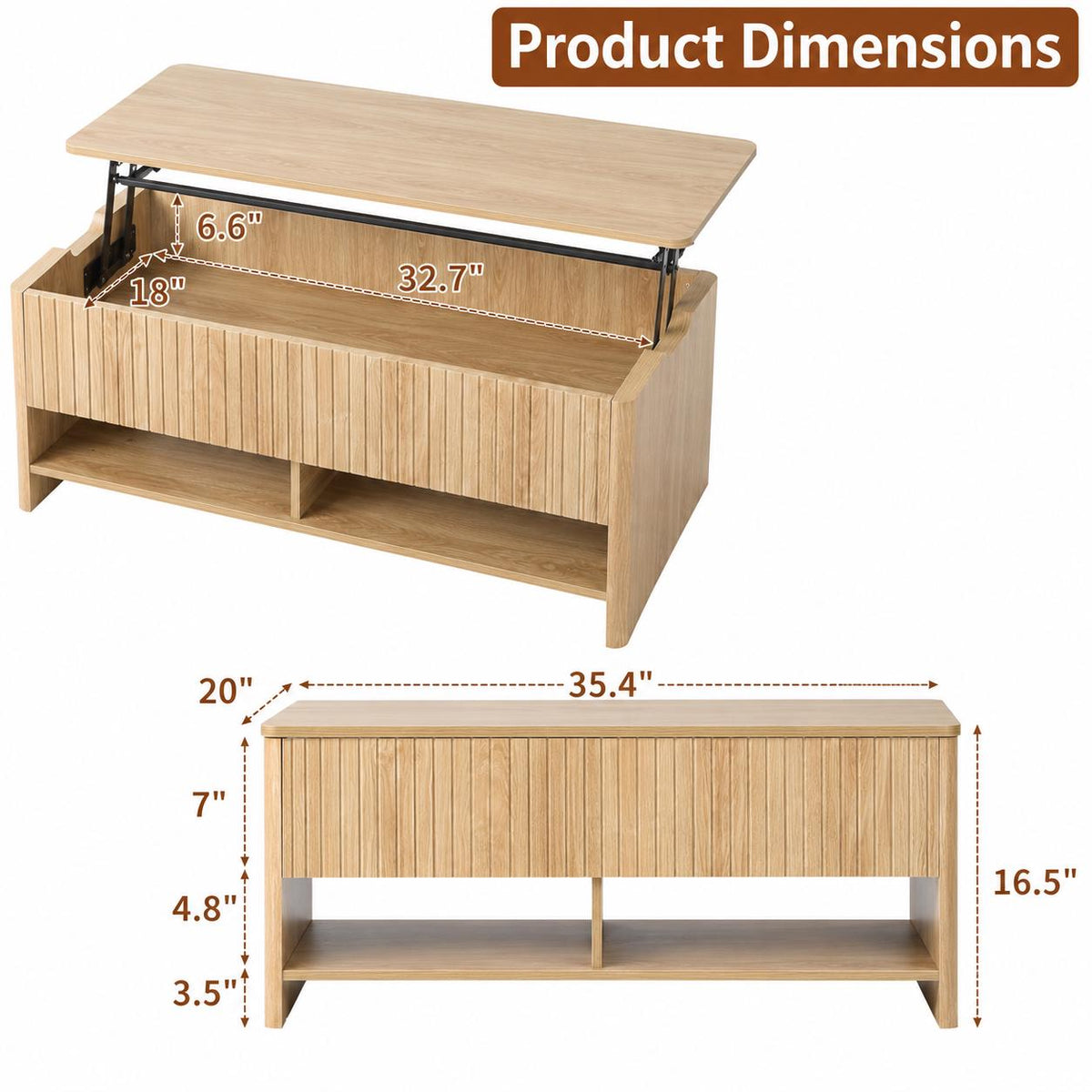 Mid-Century Fluted Lift-Top Coffee Table with Hidden Storage, Small Space Furniture