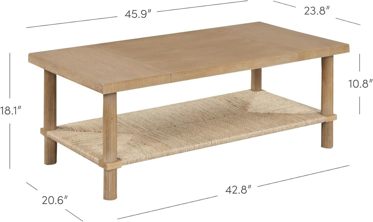 Bohemian Coffee Table with Seagrass Shelf, Solid Wood Legs, 2-Tier Storage