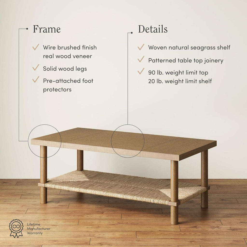 Bohemian Coffee Table with Seagrass Shelf, Solid Wood Legs, 2-Tier Storage