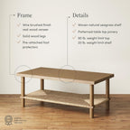 Bohemian Coffee Table with Seagrass Shelf, Solid Wood Legs, 2-Tier Storage