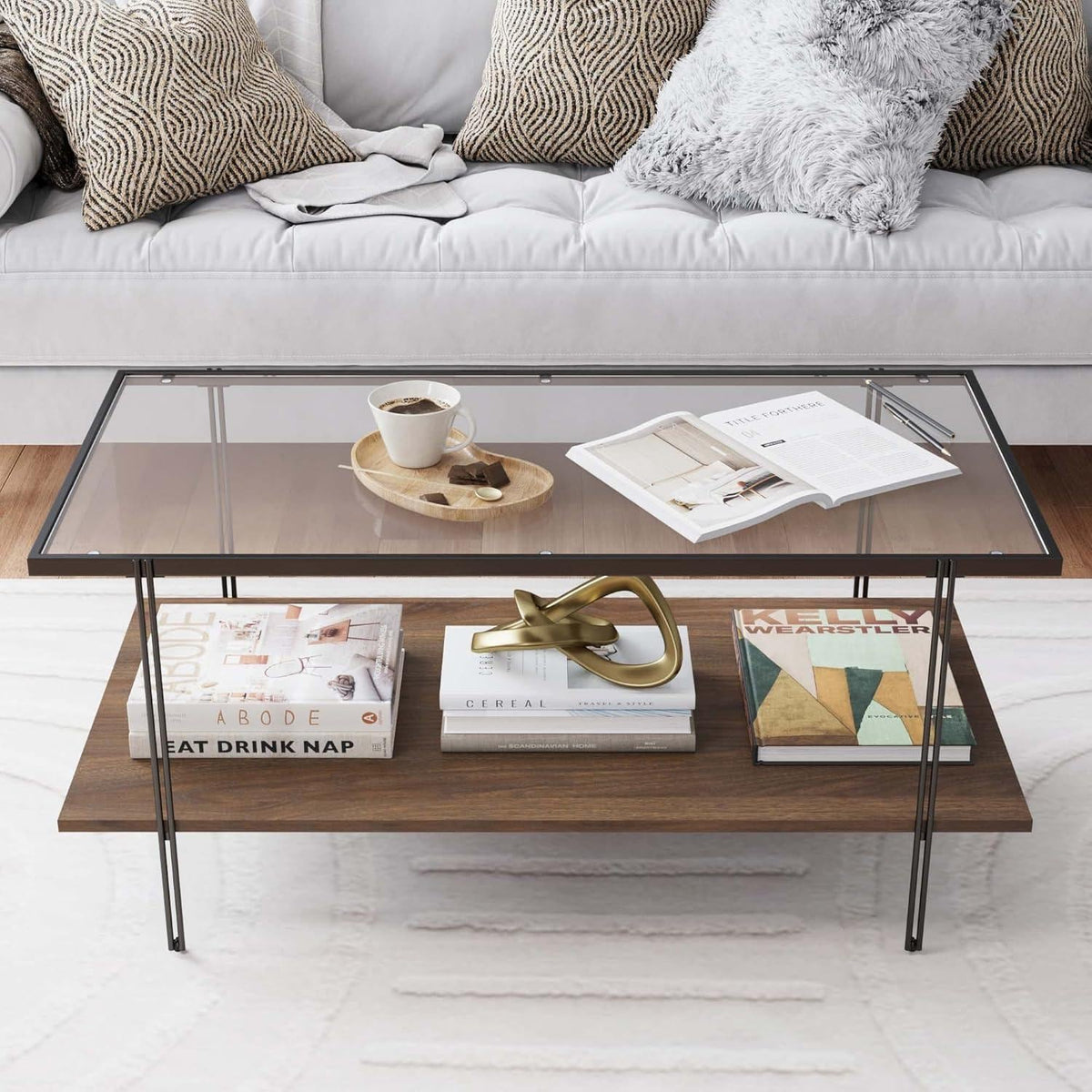 Bohemian Coffee Table with Seagrass Shelf, Solid Wood Legs, 2-Tier Storage