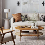 Bohemian Coffee Table with Seagrass Shelf, Solid Wood Legs, 2-Tier Storage
