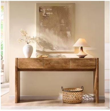 Farmhouse Console Table, Light Knotty Oak, 3 Drawers, Rounded Corners, Living Room Furniture