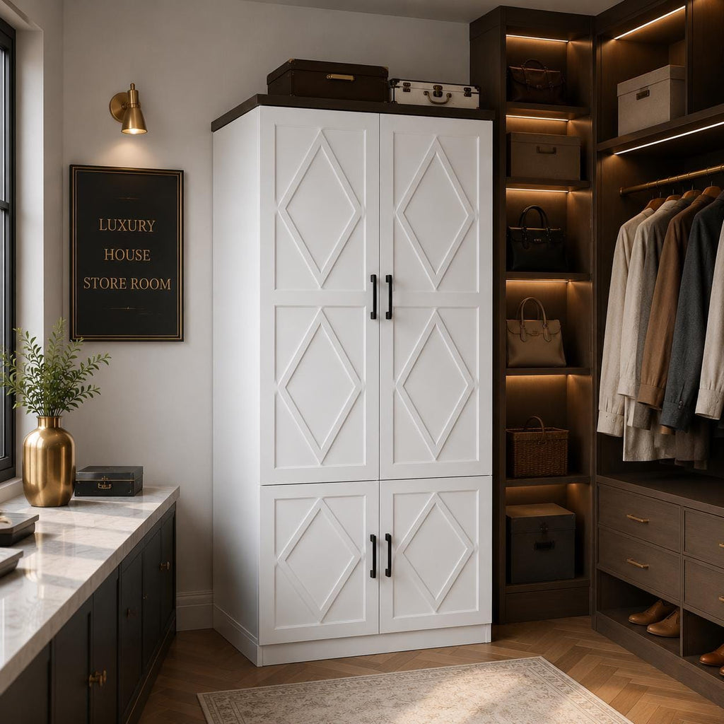 White Wooden Wardrobe Closet, 5 Shelves, Hanging Rod, Freestanding Armoire Storage
