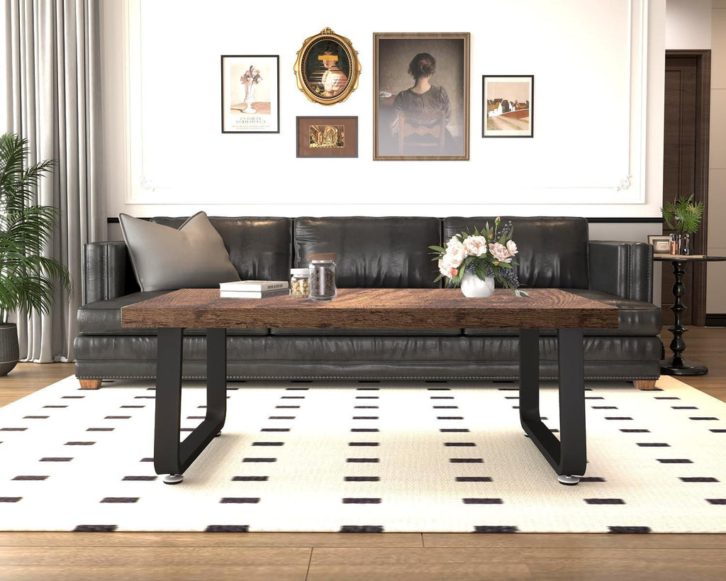 Rustic Farmhouse Coffee Table with Open Storage Shelf & Metal Legs