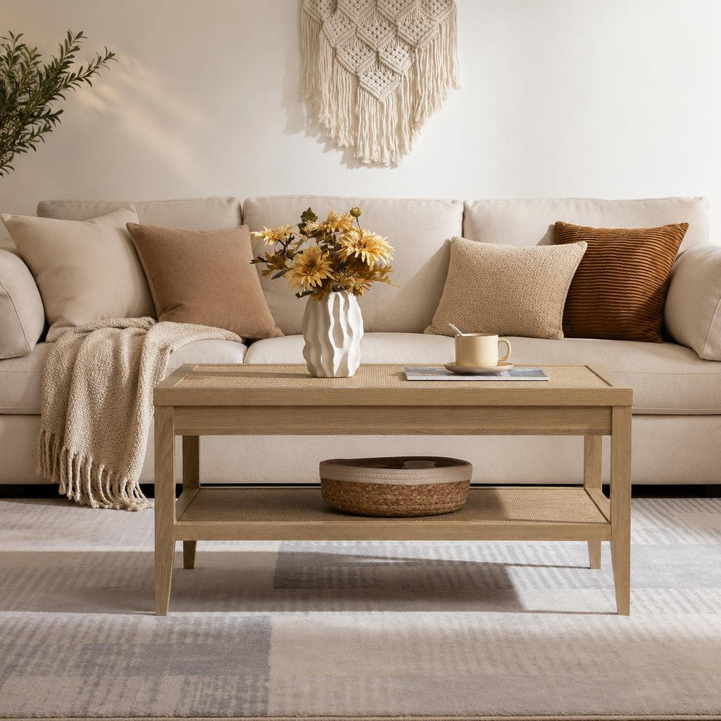 Farmhouse Boho Rattan Coffee Table with Storage Shelves, Mid Century Wood Center Table