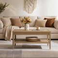 Farmhouse Boho Rattan Coffee Table with Storage Shelves, Mid Century Wood Center Table
