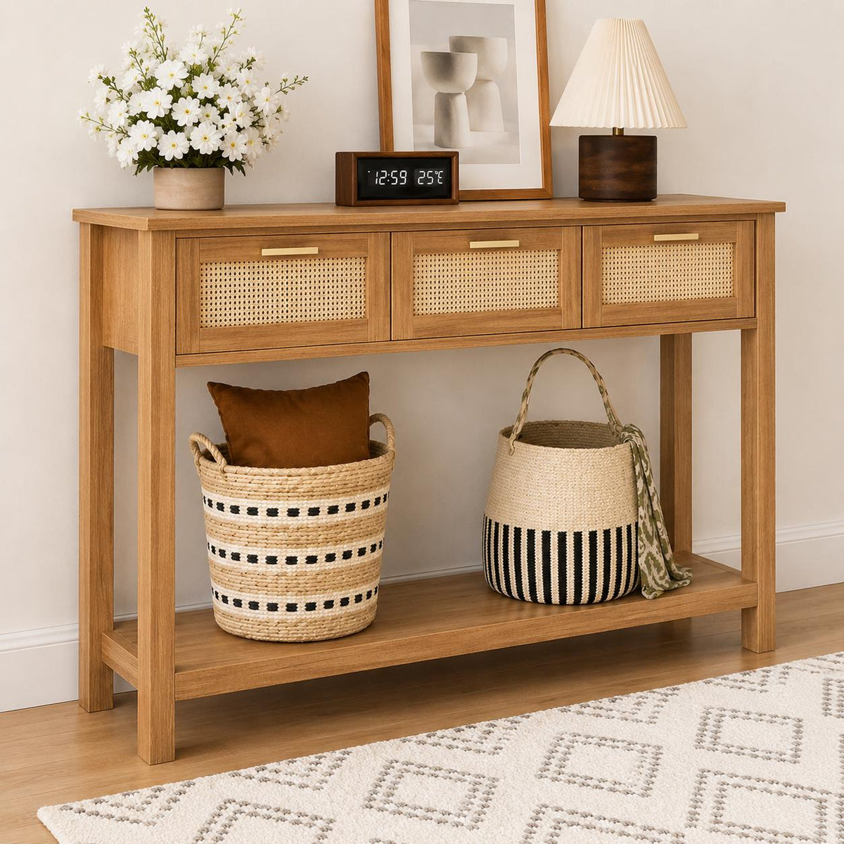 Boho Rattan Console Table, Oak Brown Entryway Table with 3 Drawers, Farmhouse Hallway Shelf