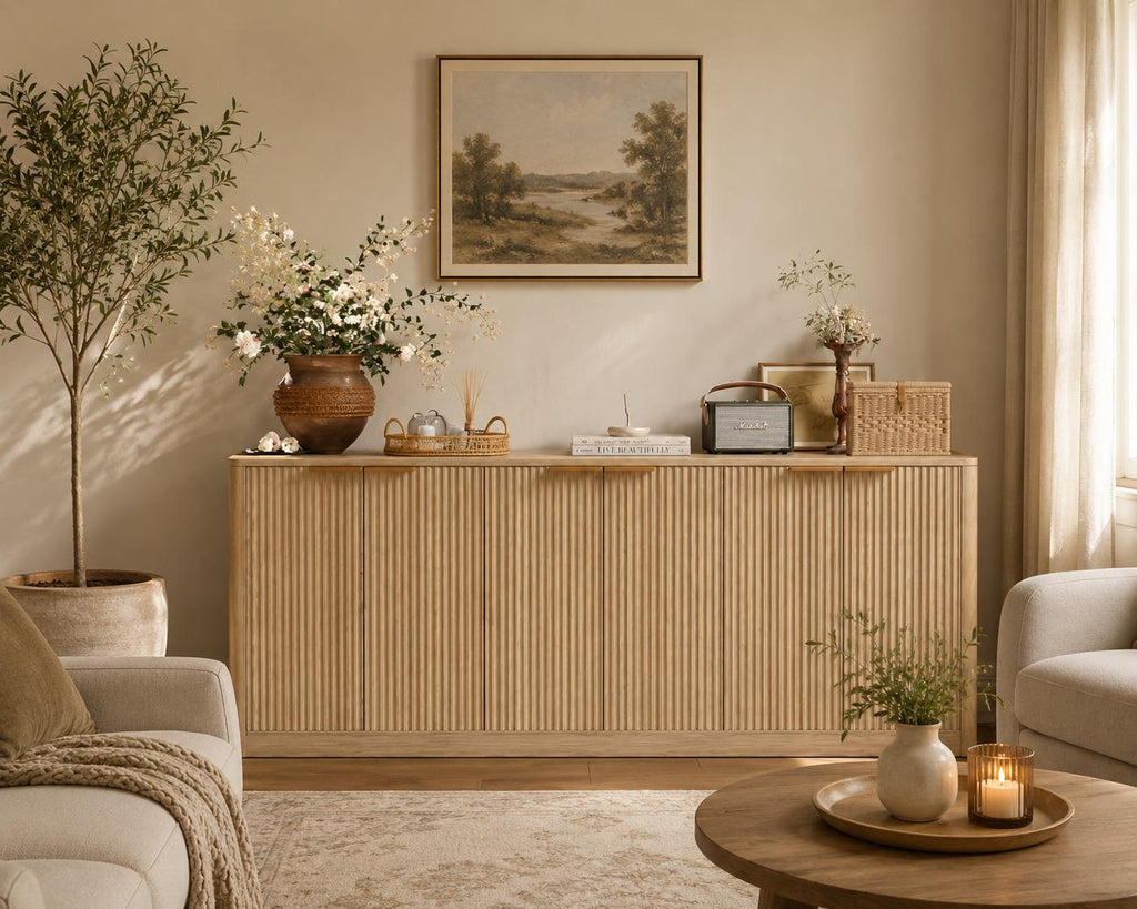 Fluted Oak Buffet Cabinet, Mid Century Modern Sideboard with 6 Doors Storage