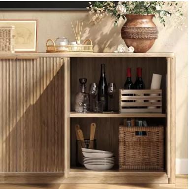 Fluted Oak Buffet Cabinet, Mid Century Modern Sideboard with 6 Doors Storage