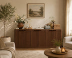 Fluted Oak Buffet Cabinet, Mid Century Modern Sideboard with 6 Doors Storage