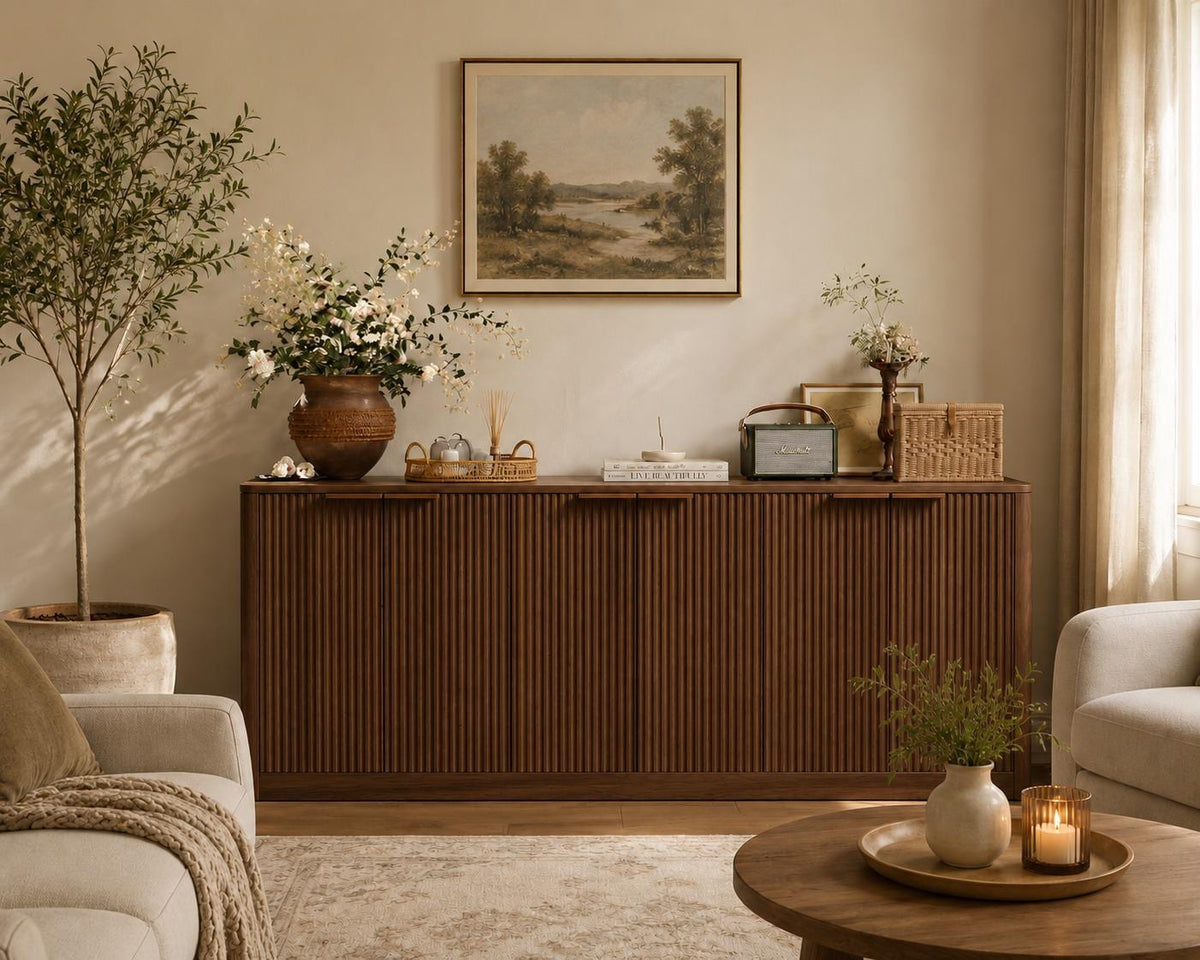 Fluted Oak Buffet Cabinet, Mid Century Modern Sideboard with 6 Doors Storage