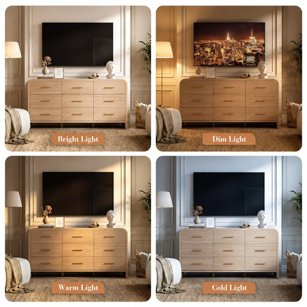Wide 63" Oak 9-Drawer Dresser, Curved Modern Storage Chest