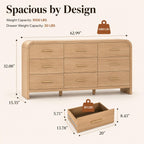 Wide 63" Oak 9-Drawer Dresser, Curved Modern Storage Chest