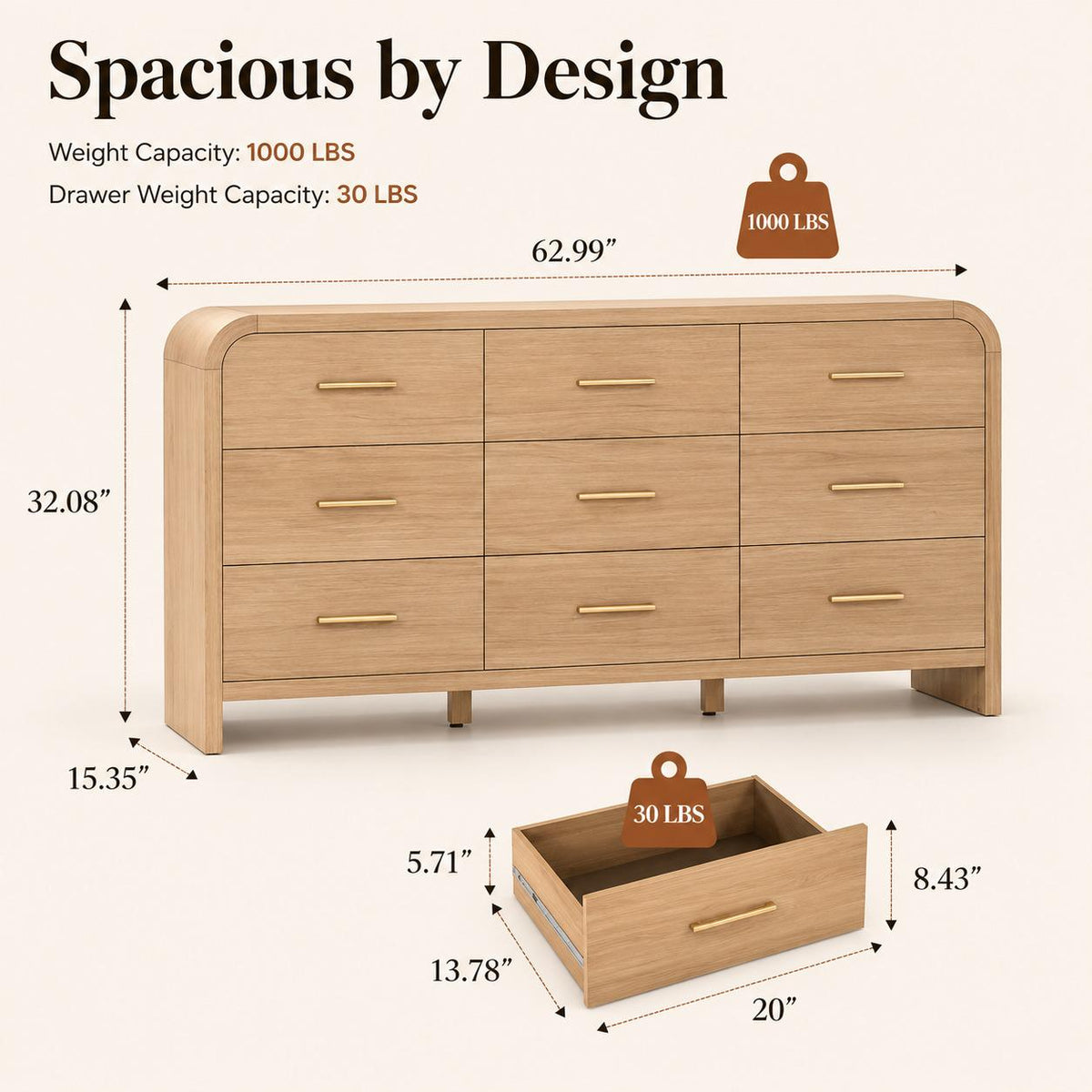 Wide 63" Oak 9-Drawer Dresser, Curved Modern Storage Chest