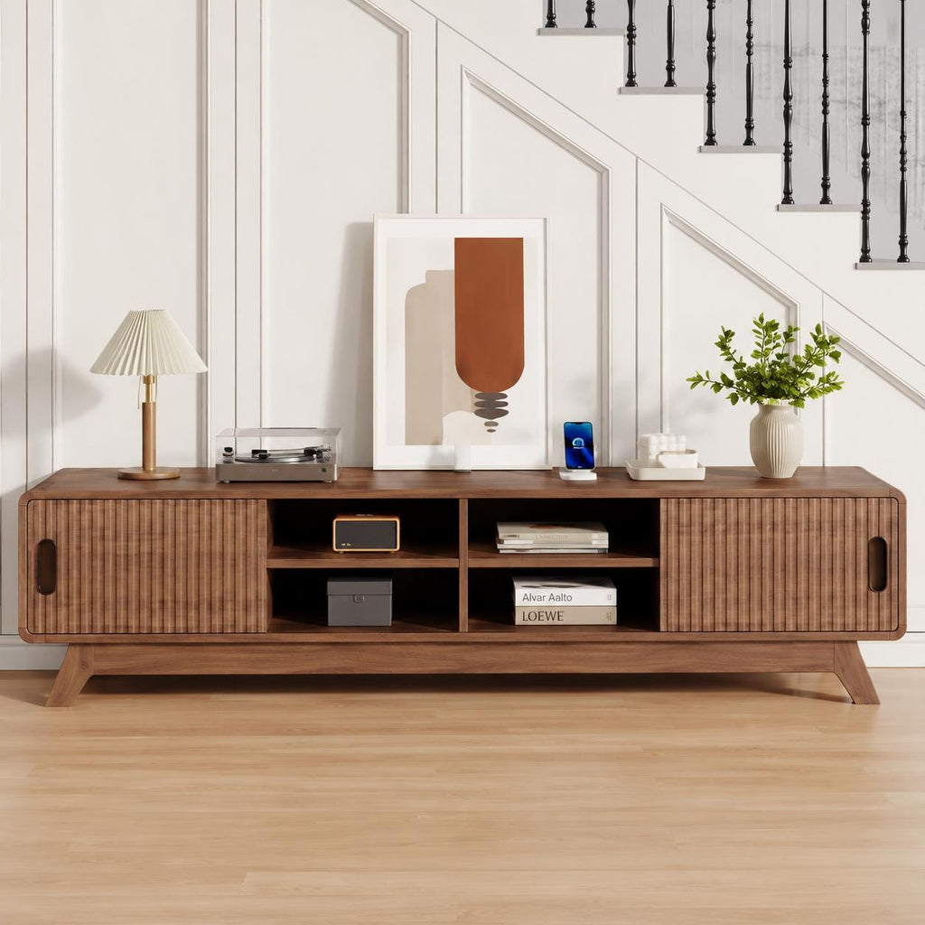 Mid-Century Modern TV Stand, Fluted Cabinet Doors, Open Shelves Entertainment Center