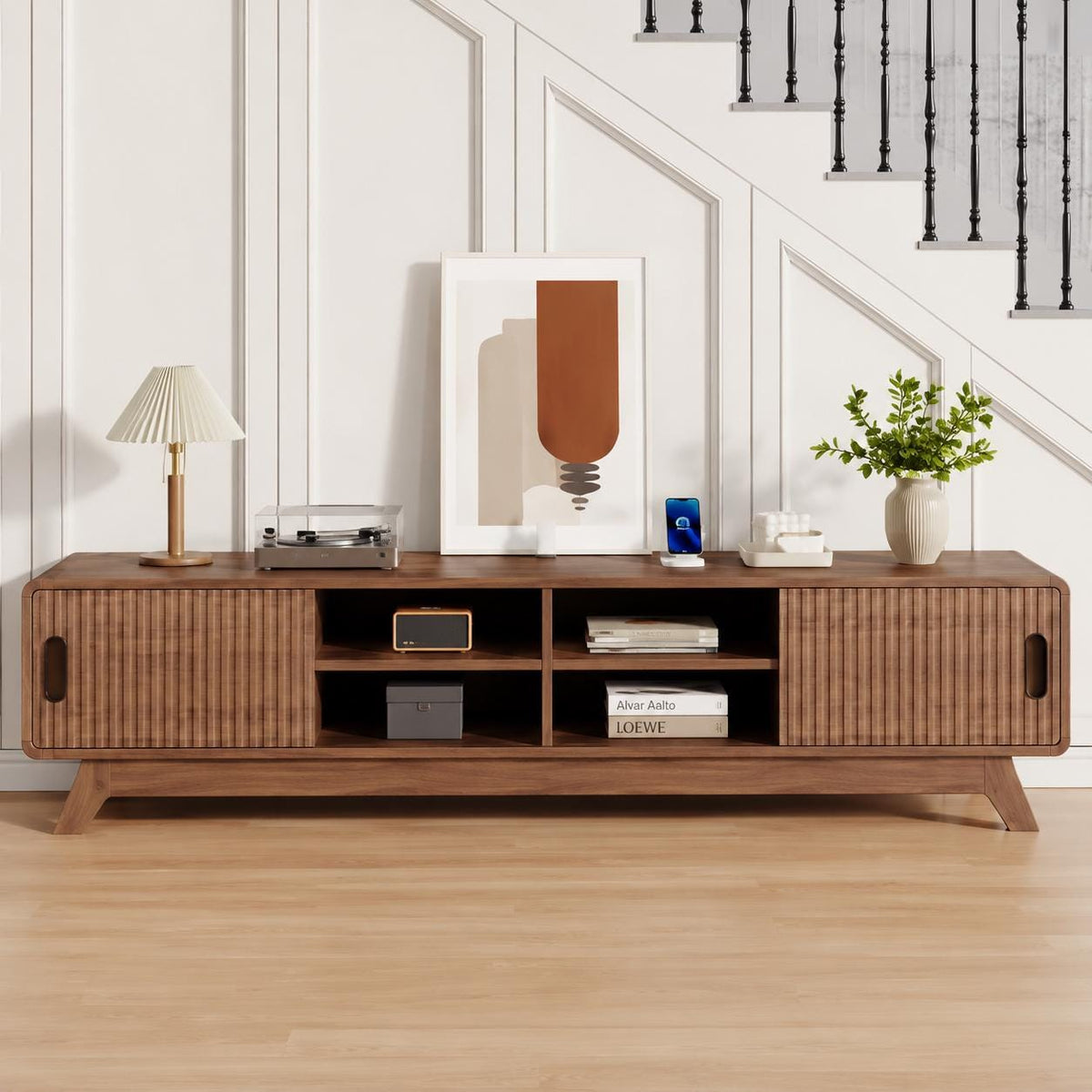 Mid-Century Modern TV Stand, Fluted Cabinet Doors, Open Shelves Entertainment Center