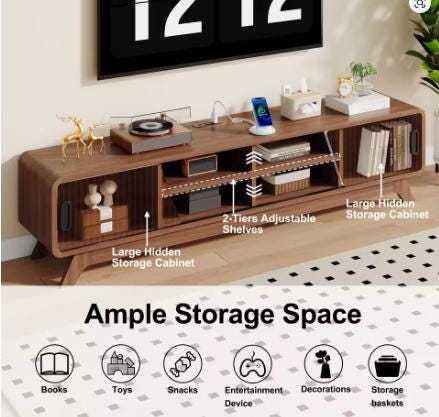 Mid-Century Modern TV Stand, Fluted Cabinet Doors, Open Shelves Entertainment Center