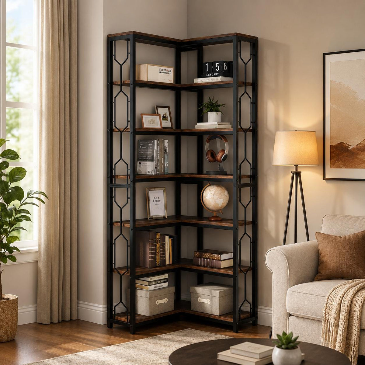 Tribesigns 7-Tier Industrial Corner Bookshelf, Wood Metal Display Shelf