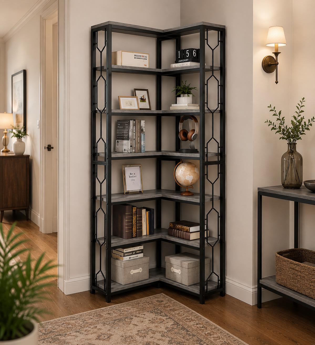 Tribesigns 7-Tier Industrial Corner Bookshelf, Wood Metal Display Shelf