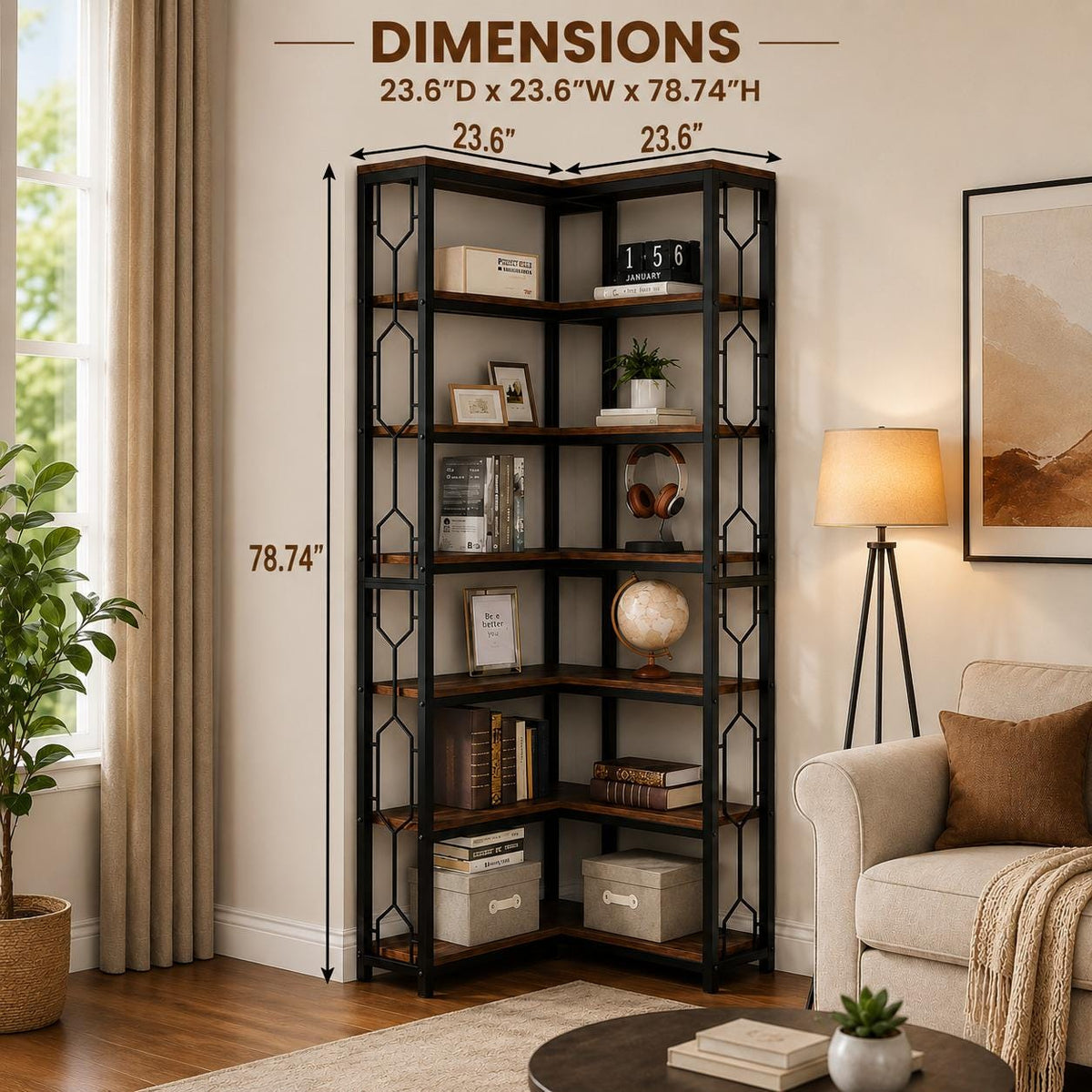 Tribesigns 7-Tier Industrial Corner Bookshelf, Wood Metal Display Shelf