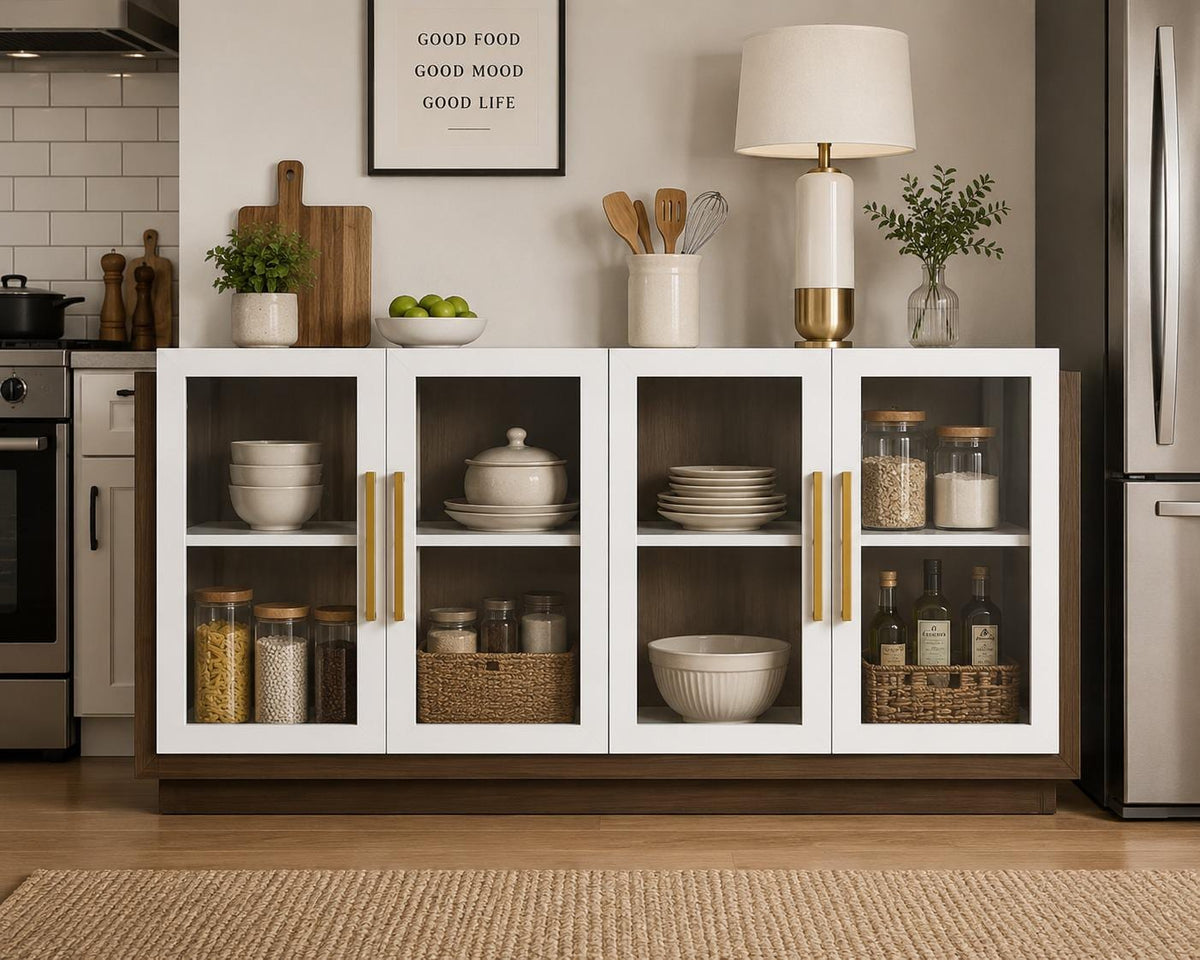 Sideboard Buffet Cabinet, Modern Wood Glass-Buffet-Sideboard with Storage, Console Table