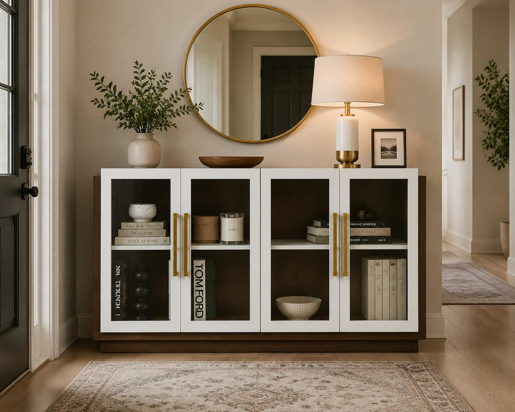 Sideboard Buffet Cabinet, Modern Wood Glass-Buffet-Sideboard with Storage, Console Table