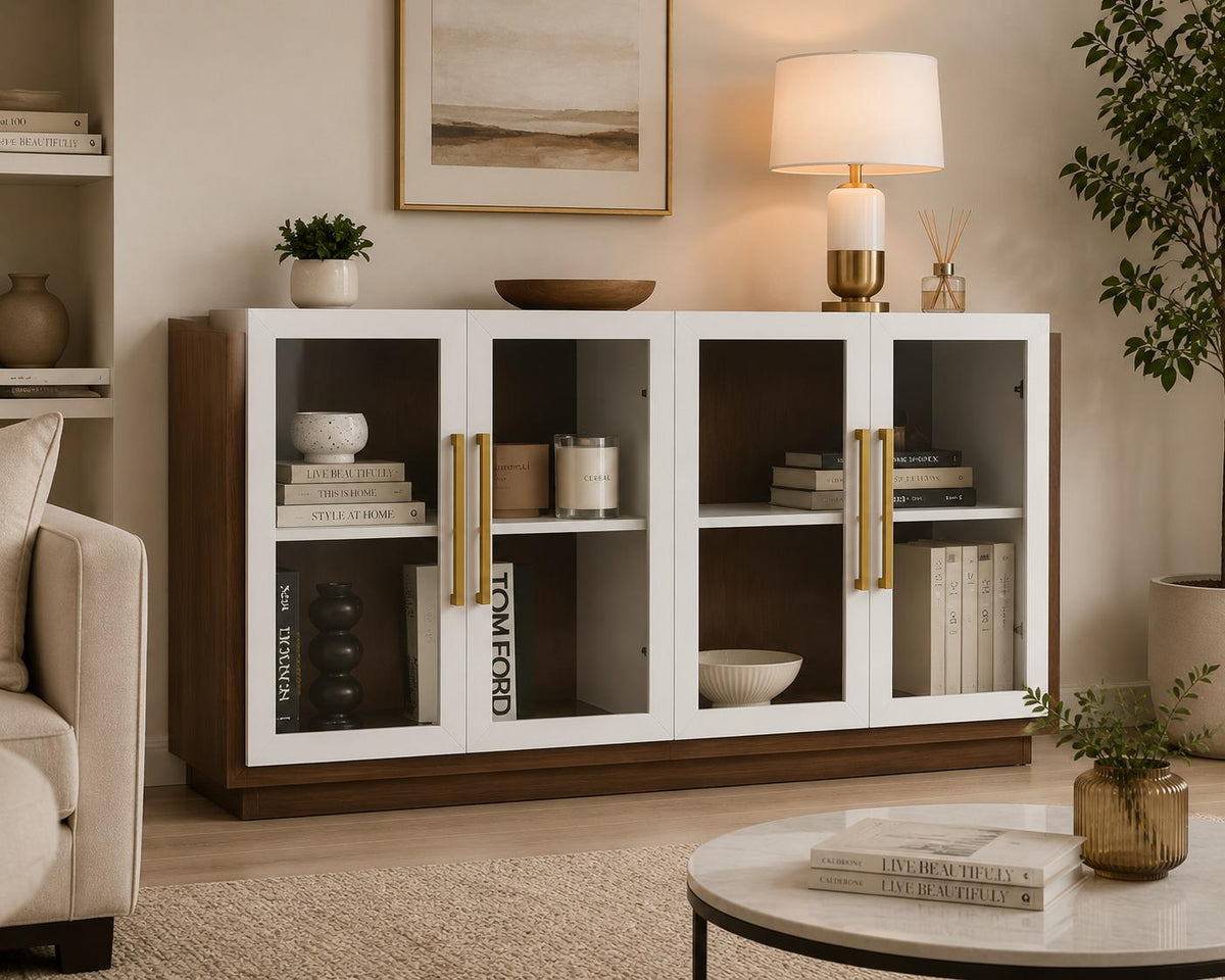Sideboard Buffet Cabinet, Modern Wood Glass-Buffet-Sideboard with Storage, Console Table