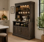Farmhouse Coffee Bar Cabinet with LED Lights, Antique White Oak Storage Hutch