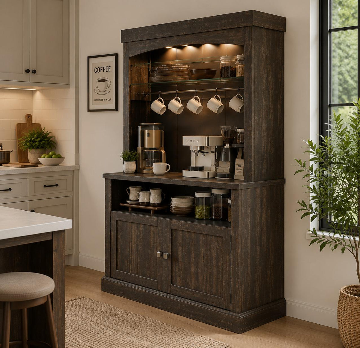 Farmhouse Coffee Bar Cabinet with LED Lights, Antique White Oak Storage Hutch