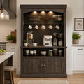 Farmhouse Coffee Bar Cabinet with LED Lights, Antique White Oak Storage Hutch