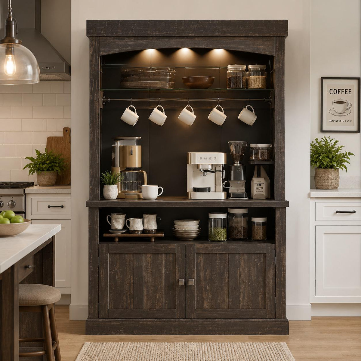 Farmhouse Coffee Bar Cabinet with LED Lights, Antique White Oak Storage Hutch
