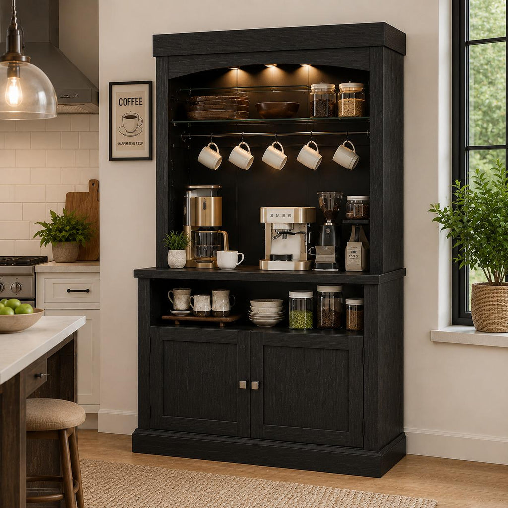 Farmhouse Coffee Bar Cabinet with LED Lights, Antique White Oak Storage Hutch