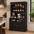 Farmhouse Coffee Bar Cabinet with LED Lights, Antique White Oak Storage Hutch