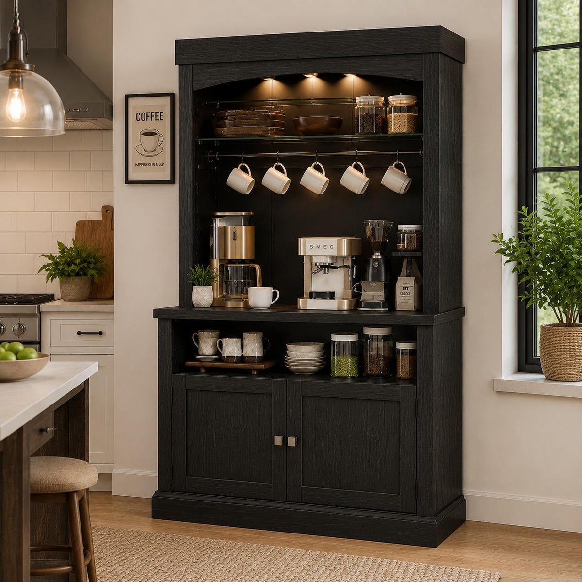 Farmhouse Coffee Bar Cabinet with LED Lights, Antique White Oak Storage Hutch