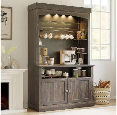 Farmhouse Coffee Bar Cabinet with LED Lights, Antique White Oak Storage Hutch