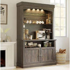 Farmhouse Coffee Bar Cabinet with LED Lights, Antique White Oak Storage Hutch