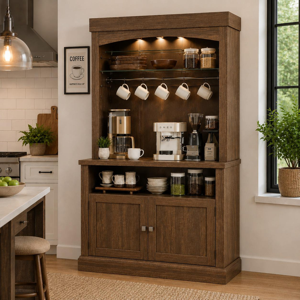 Farmhouse Coffee Bar Cabinet with LED Lights, Antique White Oak Storage Hutch